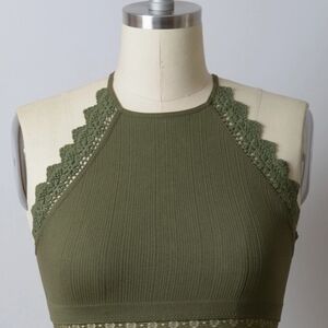 Olive Green Halter Top with Lace Trim
